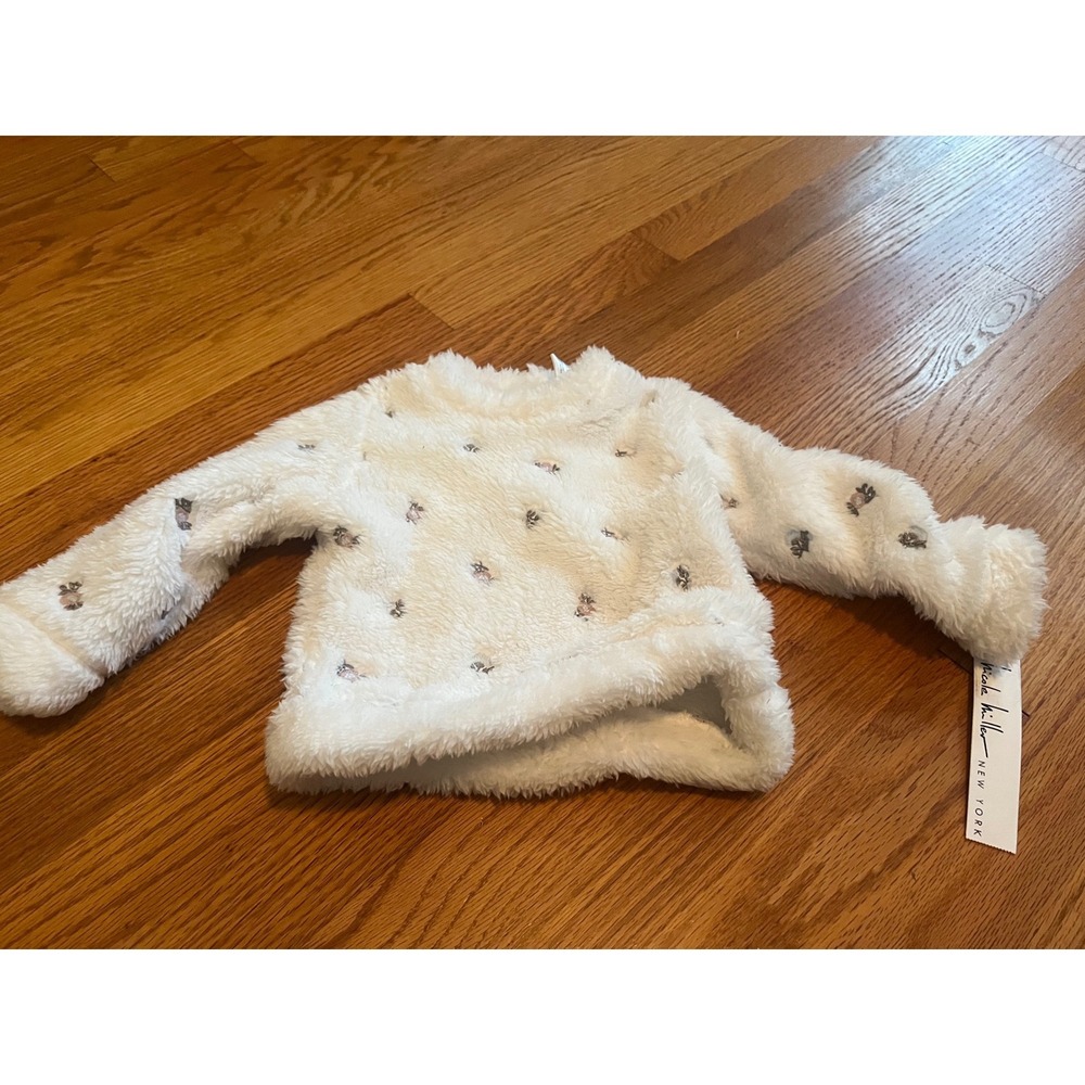 Nicole Miller New York Baby Girls Sherpa Sweater Cream Ladybug Embroidered 12M